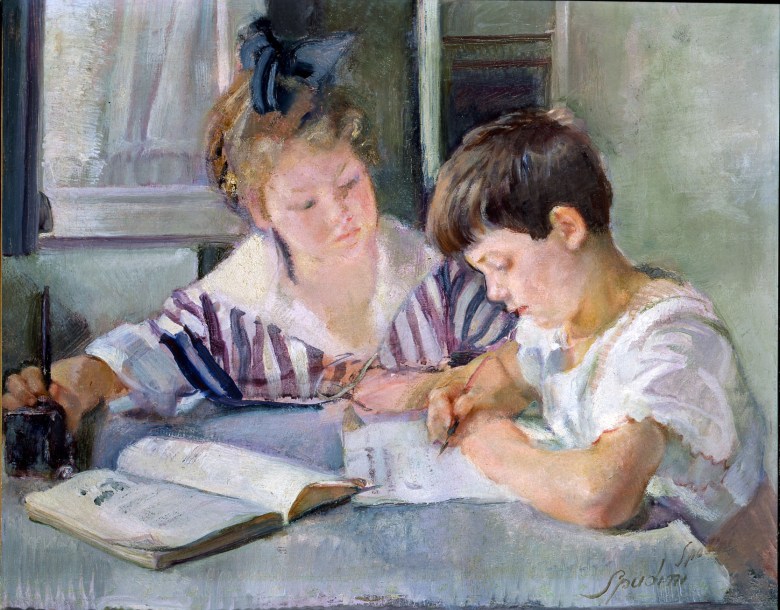 Armando-Spadini-Firenze-1883-Roma-1925-Bambini-che-studiano-1918-olio-su-tela-87x101-cm-Roma-Banca-dItalia2