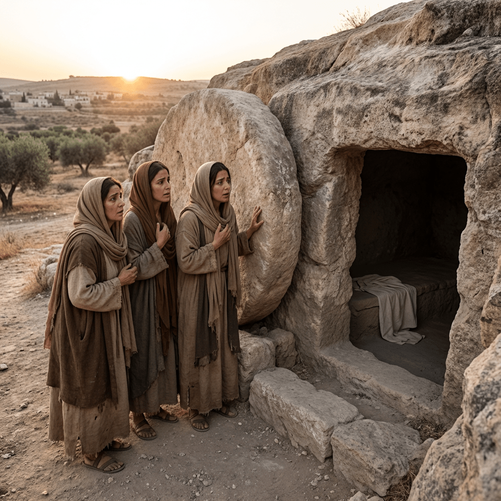 Three women in ancient robes look into an empty stone tomb at sunrise.