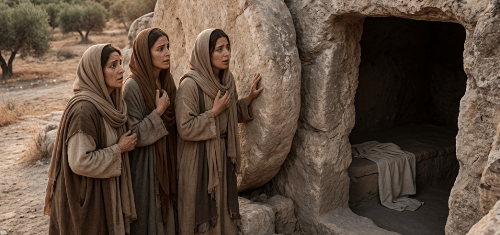 Three women in ancient robes look into an empty stone tomb at sunrise.