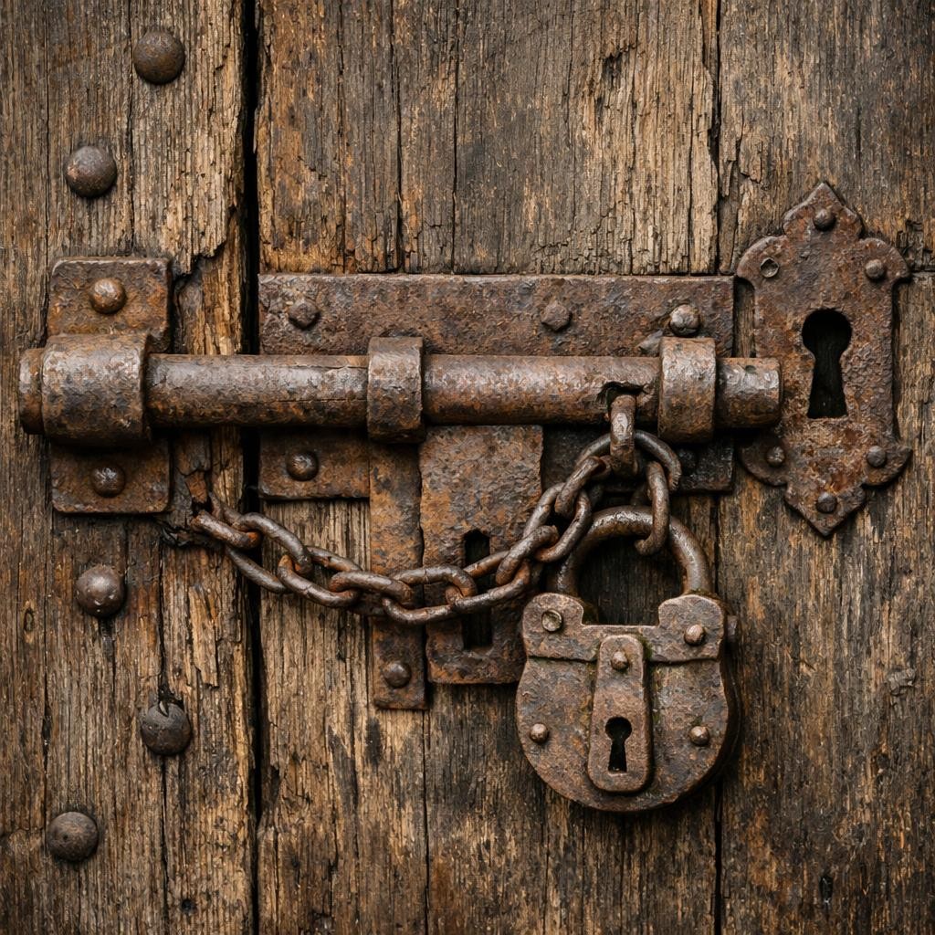 Rusty iron padlock and bolt on aged wooden door with visible grain and keyhole