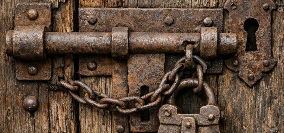 Rusty iron padlock and bolt on aged wooden door with visible grain and keyhole