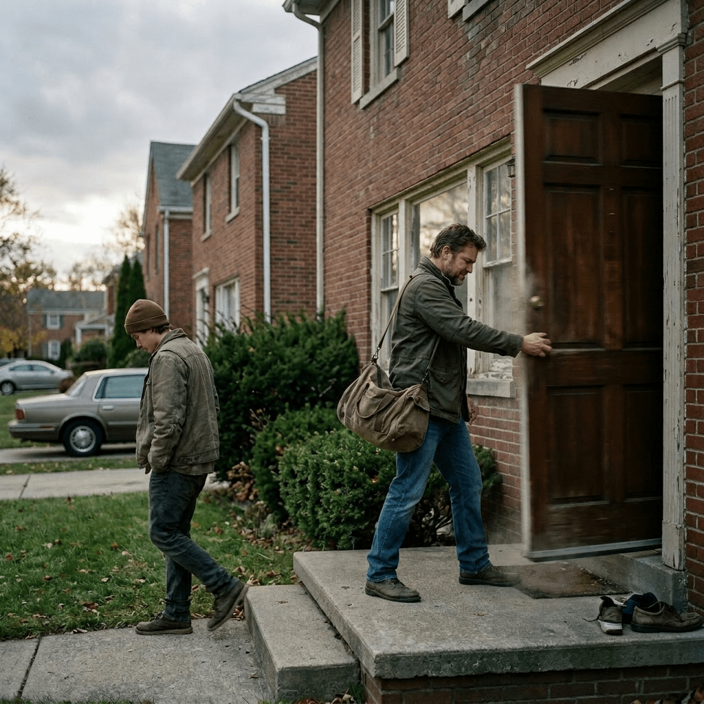 Three people leaving a brick house with a 'House For Sale' sign