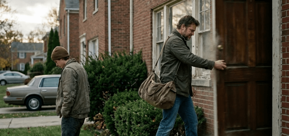 Three people leaving a brick house with a 'House For Sale' sign