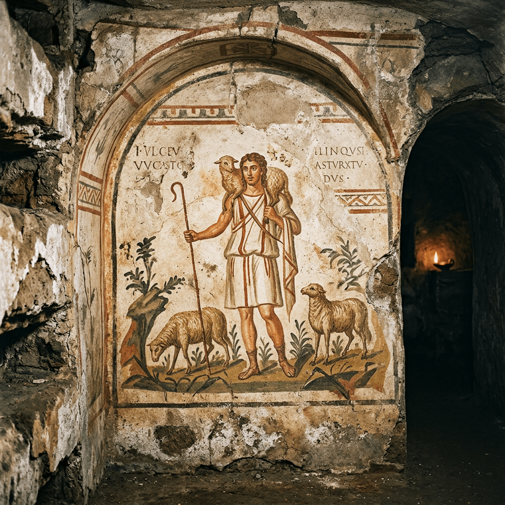 Fresco of a shepherd with a staff carrying a sheep on his shoulders, surrounded by two additional sheep and plants, painted on a stone wall.