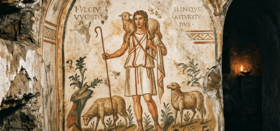 Fresco of a shepherd with a staff carrying a sheep on his shoulders, surrounded by two additional sheep and plants, painted on a stone wall.