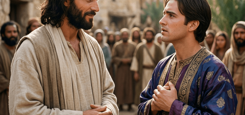 Two men talking in ancient village with crowd in background