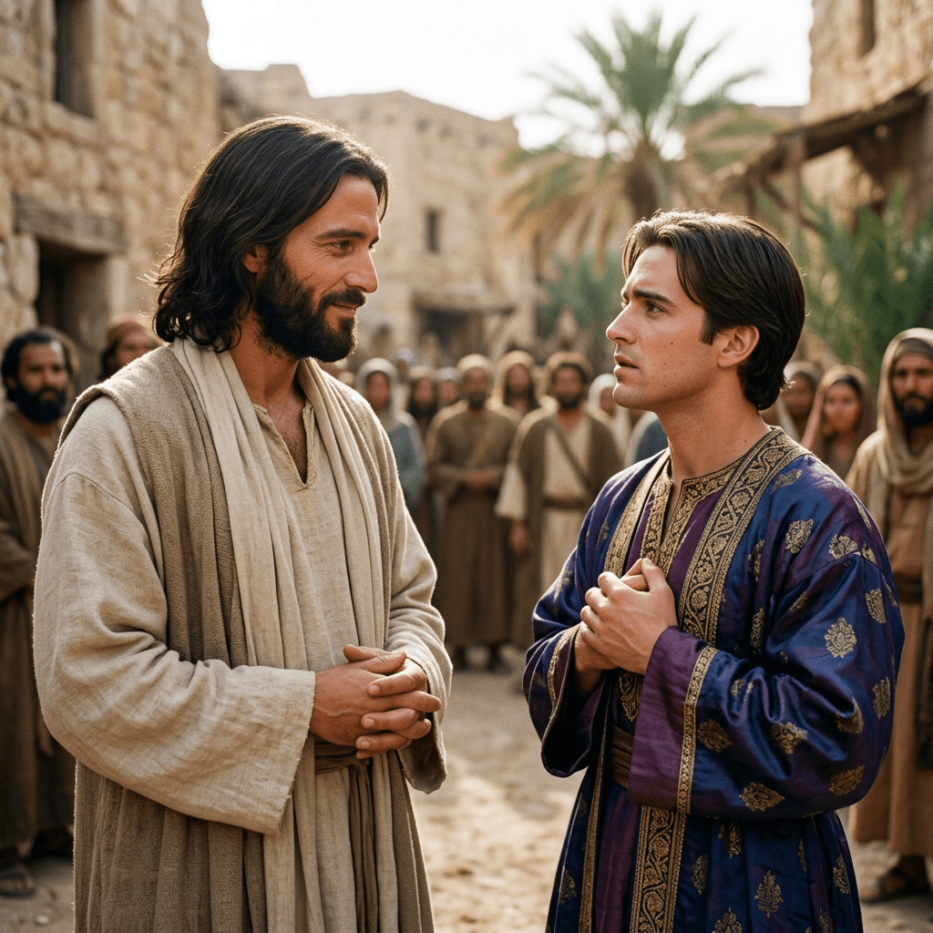 Two men talking in ancient village with crowd in background