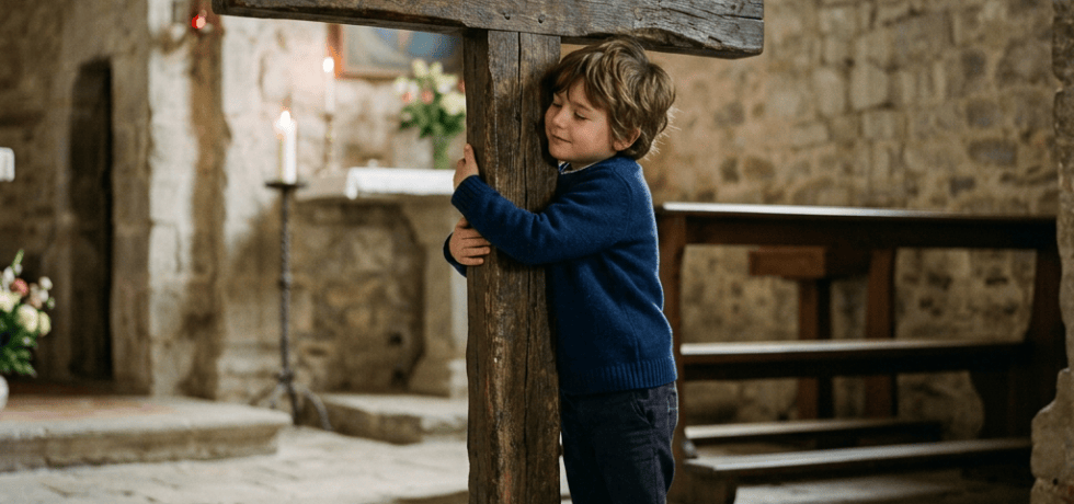 Young boy hugging a large wooden cross inside a stone church