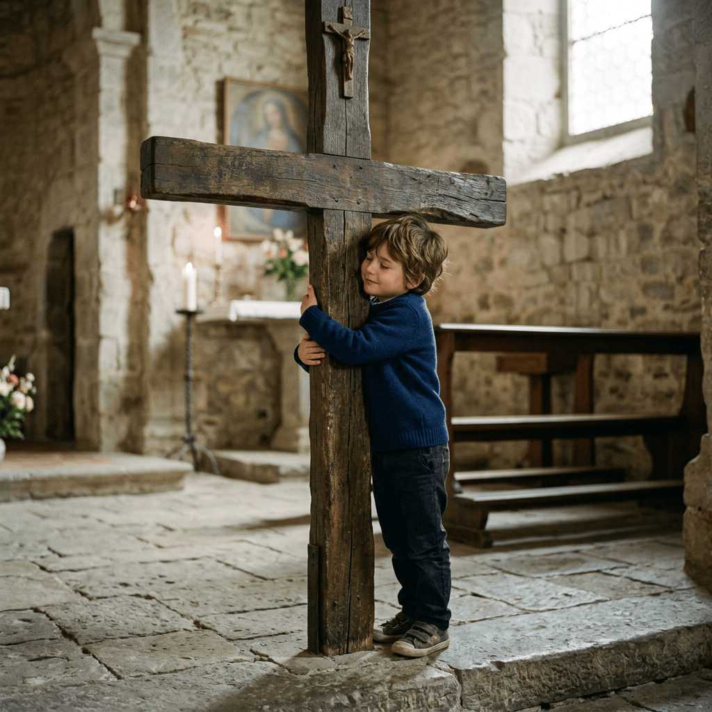 Young boy hugging a large wooden cross inside a stone church